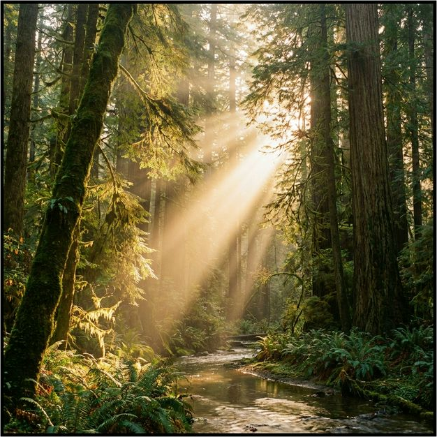 Warmer Lichtstrahl bricht durch den Wald